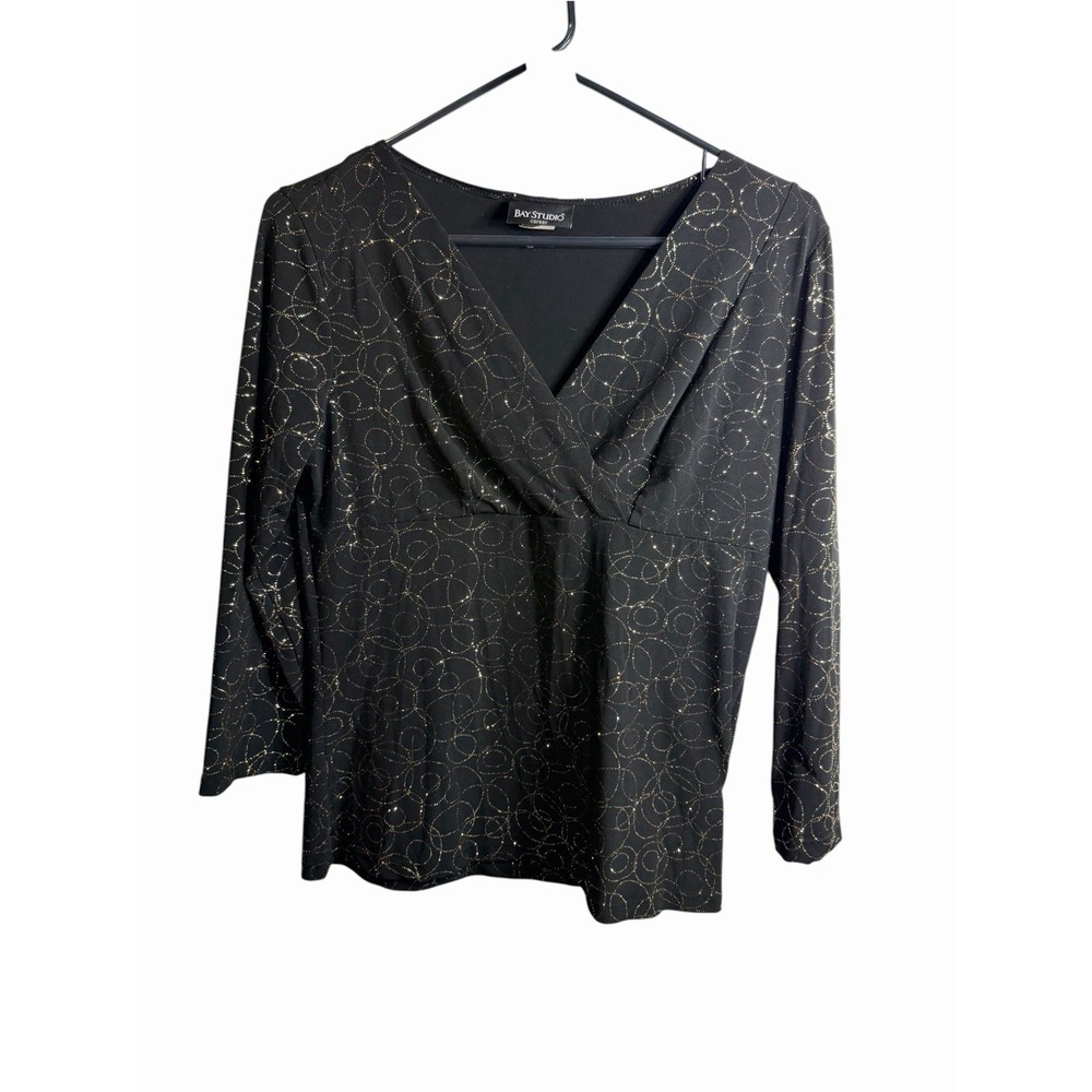 bay studio womens black sparkle gold glitter long sleeve v neck shirt size M